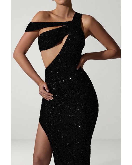 Oh Polly Black Embellished Asymmetric Cut-Out Gown
