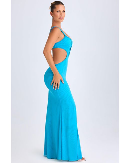 Oh Polly Blue Ruffle-Appliqué Cut-Out Maxi Dress