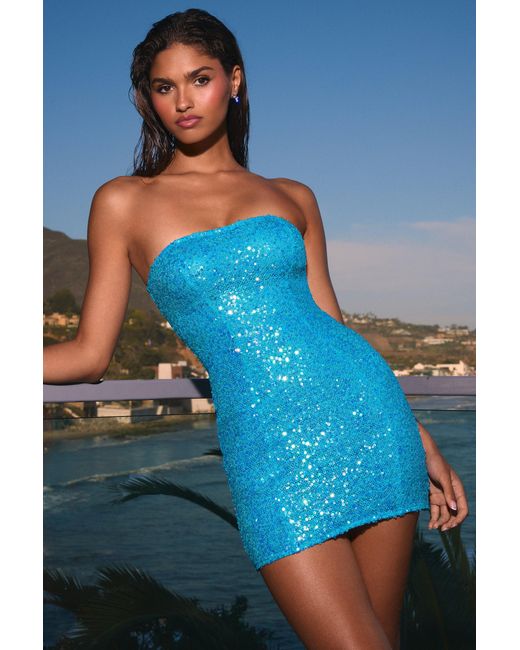Oh Polly Blue Embellished Bandeau Mini Dress