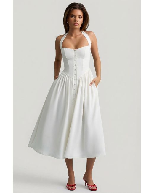 Oh Polly White Button-Detail Halterneck Midaxi Dress