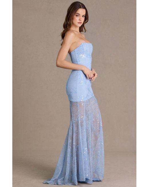 Oh Polly Blue Embellished Lace Corset Gown