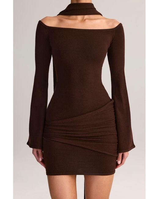Oh Polly Brown Knit Scarf-Detail Off-Shoulder Mini Dress