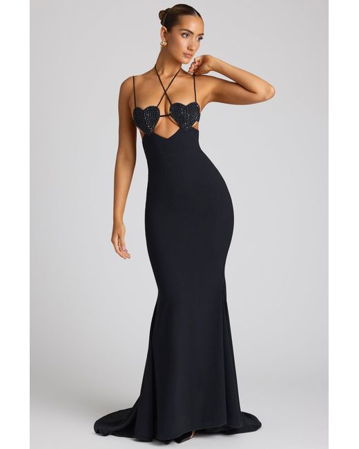Oh Polly Black Embellished Heart Cup Detail Evening Gown