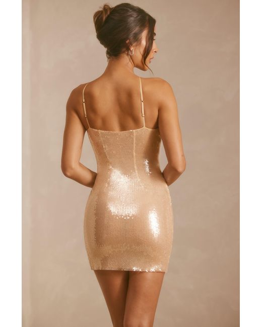 Oh Polly Natural Sheer Sequin Asymmetric Cut Out Mini Dress
