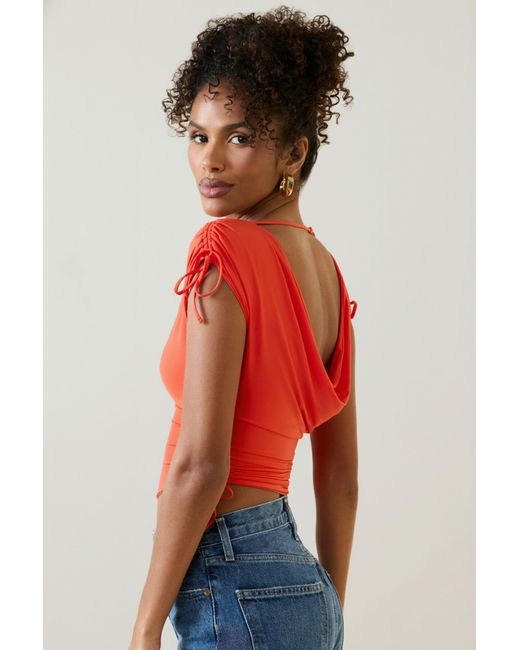 Oh Polly Red Asymmetric Ruched Cowl-Back Crop Top