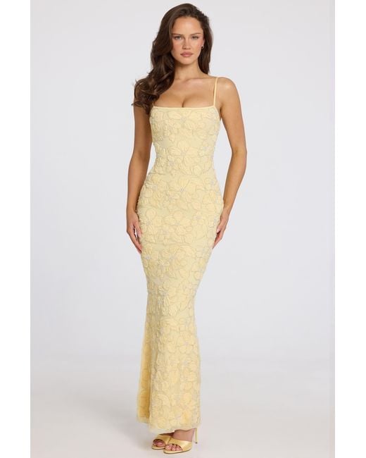Oh Polly Yellow Embellished Square-Neck Maxi Dress