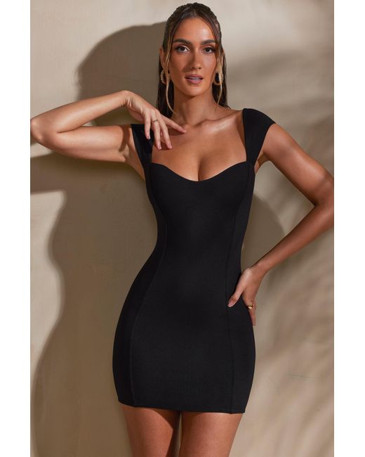 Oh Polly Black Sweetheart Neckline Cap Sleeve Mini Dress