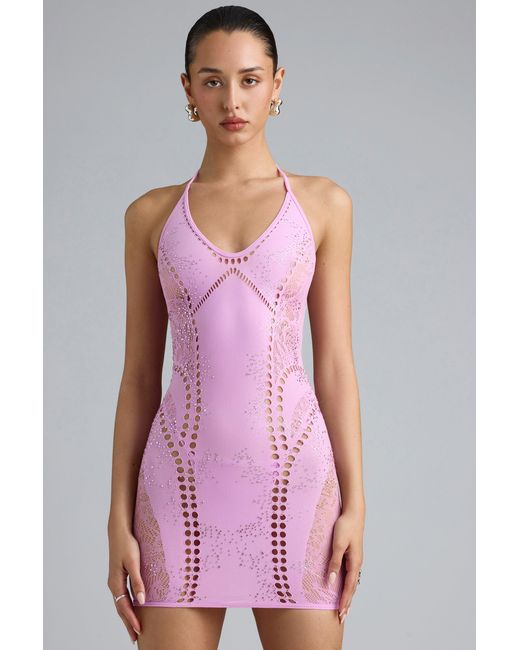 Oh Polly Pink Embellished Halterneck Mini Dress