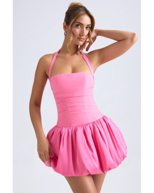 Oh Polly Pink Halterneck Lace-Up Bubble Hem Corset Micro Mini Dress