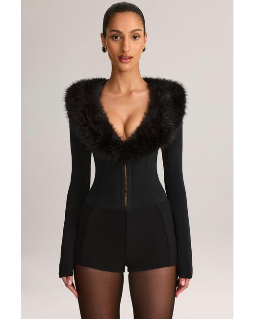Women's Black Faux Fur-Trim Corset Playsuit