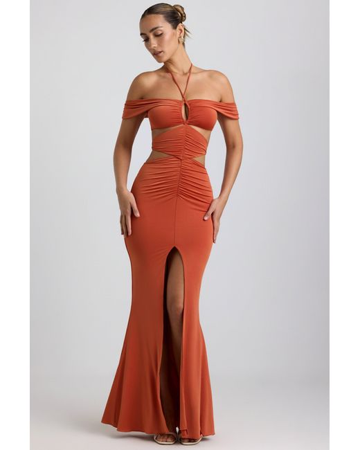 Oh Polly Orange Slinky Jersey Cut-Out Halterneck Gown