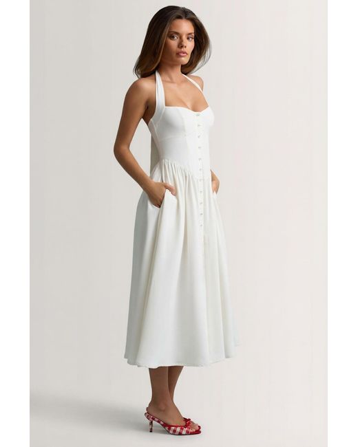 Oh Polly White Button-Detail Halterneck Midaxi Dress