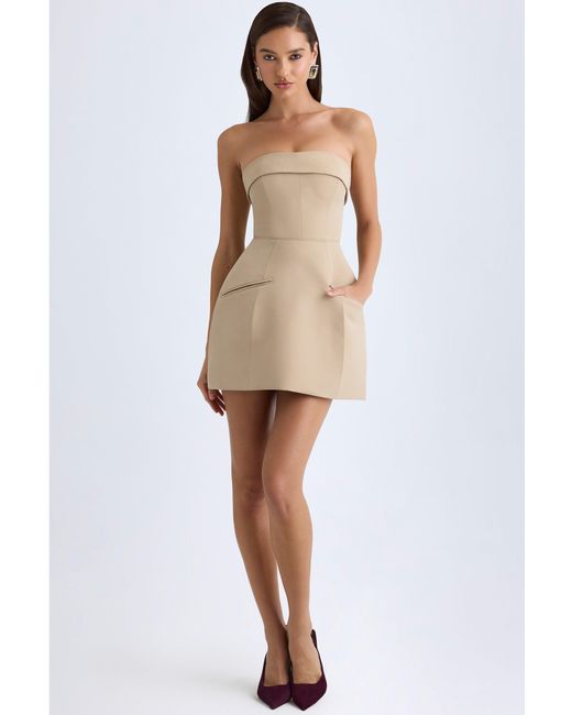 Oh Polly Natural Foldover-Neck Structured Tulip Mini Dress