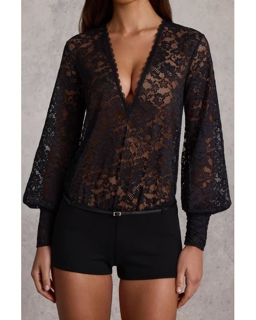 Oh Polly Black Sheer Lace Plunge-Neck Loose-Fit Playsuit