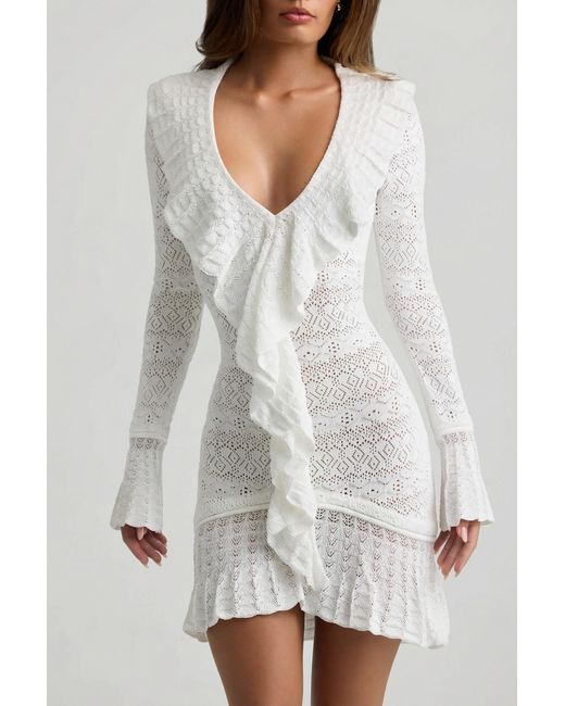 Oh Polly White Ruffle-Trim Pointelle-Knit Mini Dress