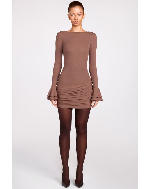Oh Polly Brown Ribbed Modal Long-Sleeve Draped Mini Dress