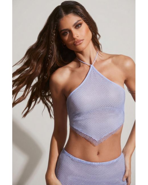 Oh Polly Blue Embellished Open Back Crop Top