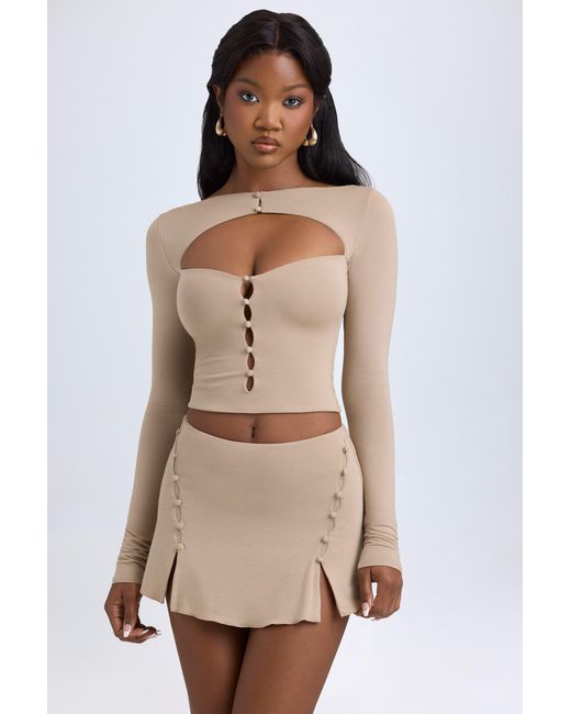 Oh Polly Natural Modal Button-Detail Low-Rise Mini Skirt