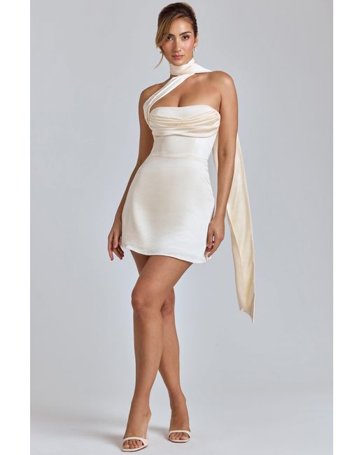 Oh Polly White Draped Halterneck Satin Mini Dress