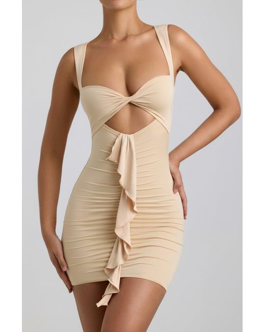 Oh Polly White Slinky Jersey Cut-Out Ruffle-Trim Mini Dress