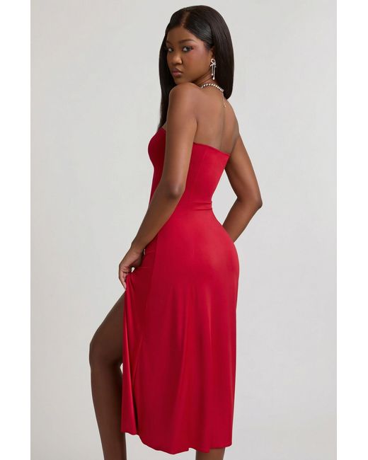 Oh Polly Red Slinky Jersey Strapless A-Line Midaxi Dress