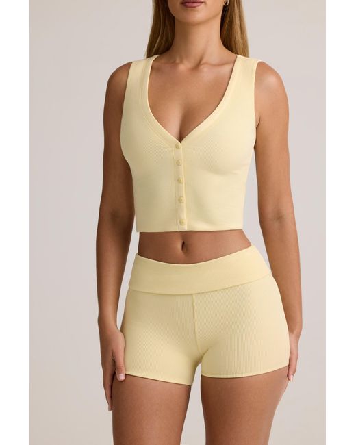 Oh Polly Yellow Modal Ribbed Mid-Rise Foldover Shorts