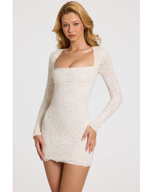 Oh Polly White Scalloped-Lace Long-Sleeve Mini Dress