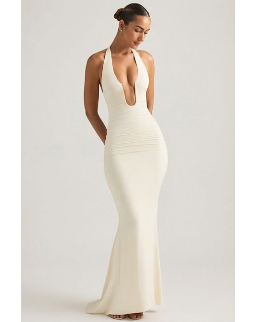 Oh Polly White Ruched Backless Halterneck Gown