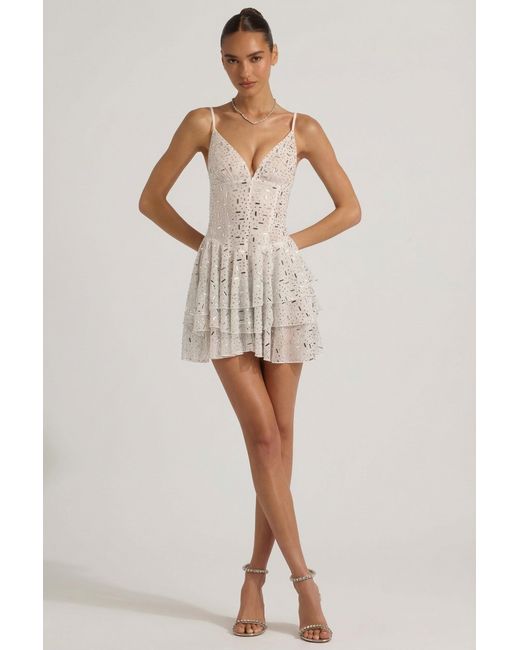 Oh Polly White Embellished Ruffled Tiered Mini Dress
