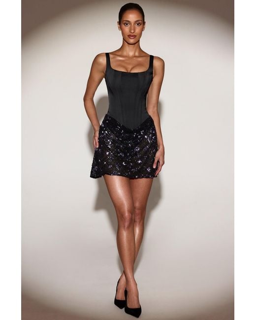Oh Polly Black Satin Corset Embellished Skirt Mini Dress