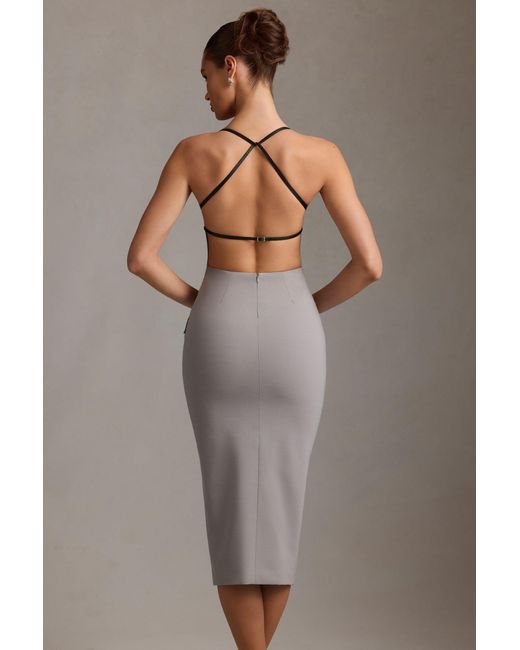 Oh Polly Gray Plunge-Neck Backless Midaxi Dress