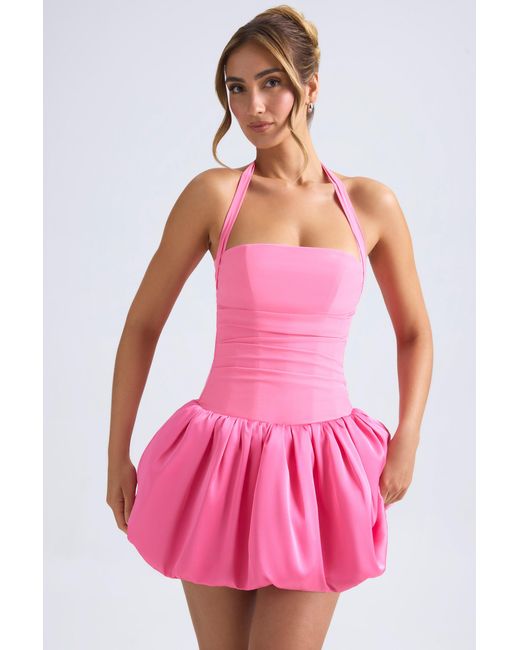 Oh Polly Pink Halterneck Lace-Up Bubble Hem Corset Micro Mini Dress