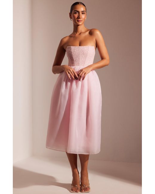 Oh Polly Pink Embellished Corset Tulle Skirt Midi Dress