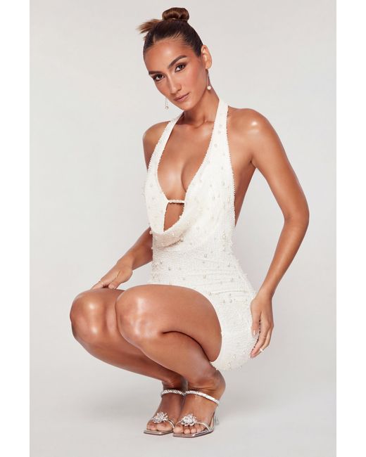 Oh Polly White Deep Plunge Embellished Mini Dress