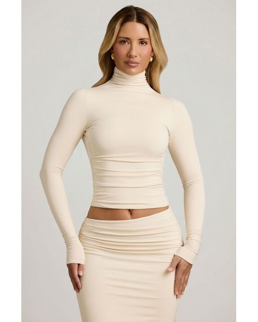 Oh Polly White Modal Ruched Backless Turtleneck Top
