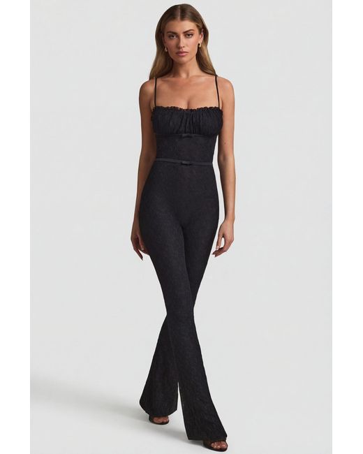 Oh Polly Black Bow-Detail Lace Flared Jumpsuit