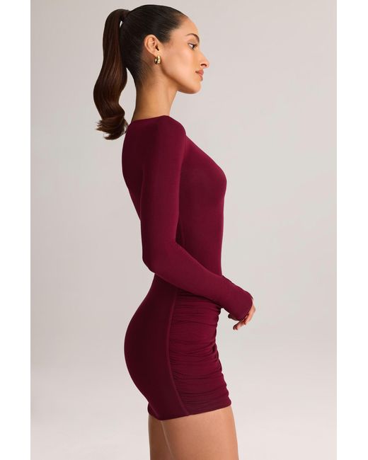 Oh Polly Red Modal Boat-Neck Draped Long-Sleeve Mini Dress