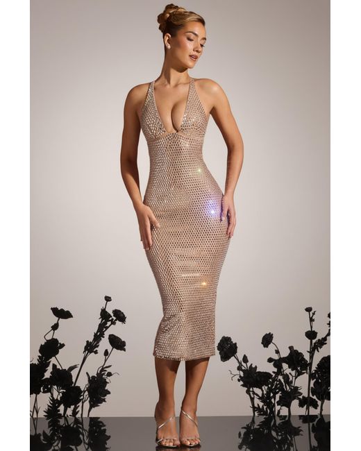 Oh Polly Natural Embellished Plunge Midaxi Dress