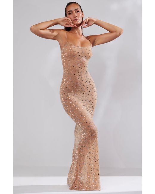 Oh Polly Natural Sheer Embellished Scoop Neck Evening Gown