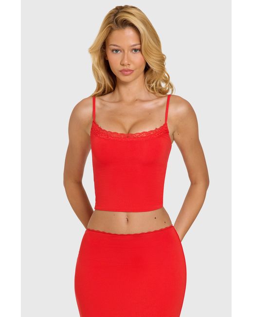 Oh Polly Red Modal Lace-Trim Top