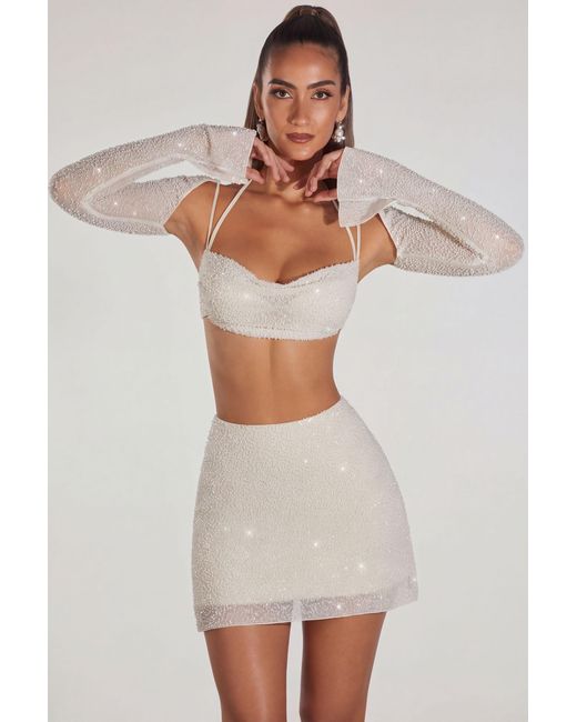 Oh Polly White Embellished Long Sleeve Crop Top