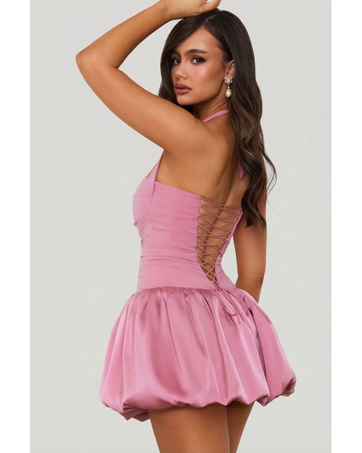 Oh Polly Pink Halterneck Lace-Up Bubble Hem Corset Micro Mini Dress