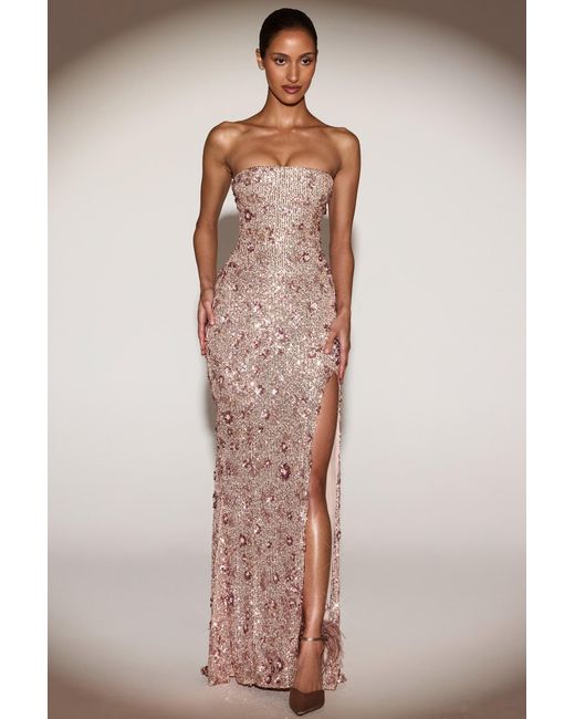 Oh Polly Natural Embellished Bandeau-Neck Strapless Gown