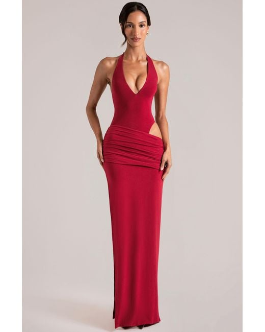 Oh Polly Red Deep Plunge Halterneck Maxi Dress