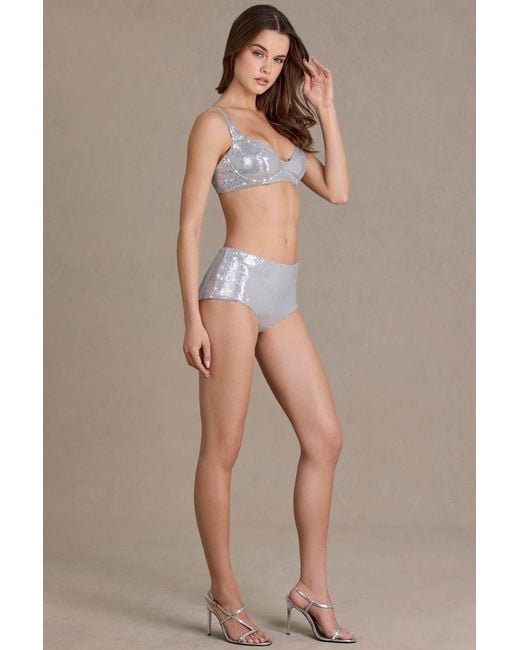Oh Polly Metallic Sequin Mesh Mid-Rise Mini Shorts