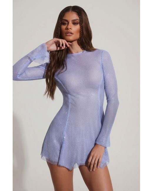 Oh Polly Blue Embellished Long Sleeve Backless Mini Dress