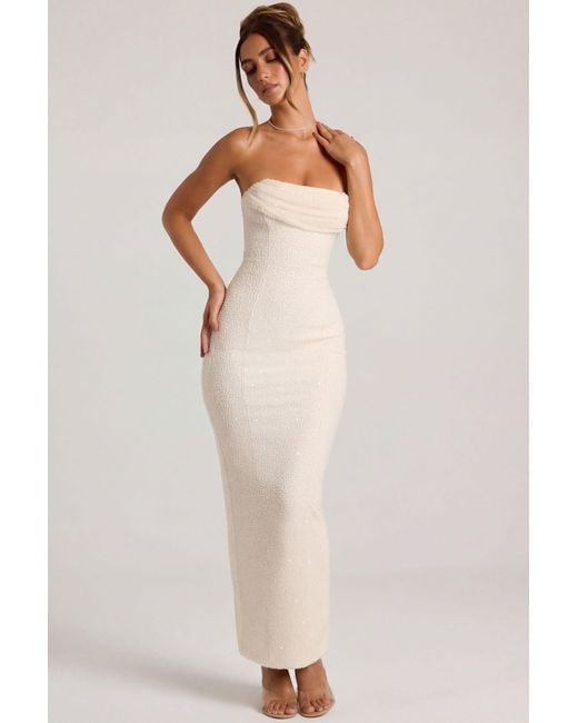 Oh Polly White Embellished Bandeau Cowl Neck Maxi Dress