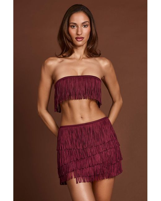 Oh Polly Red Fringed Bandeau Lace-Up Crop Top