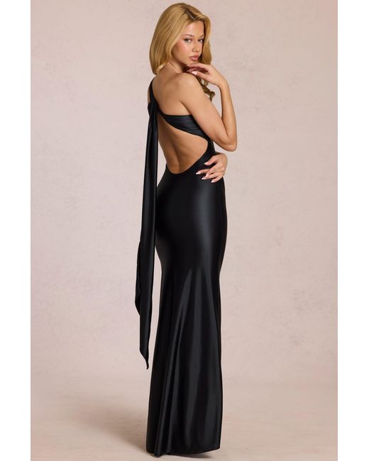 Oh Polly Black Asymmetric Tie-Back Gown
