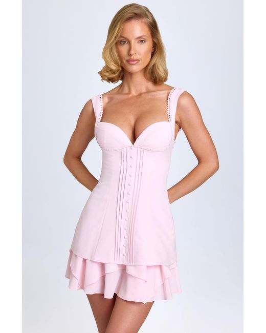 Oh Polly Pink Ruffle-Trim Button-Detail Corset Mini Dress